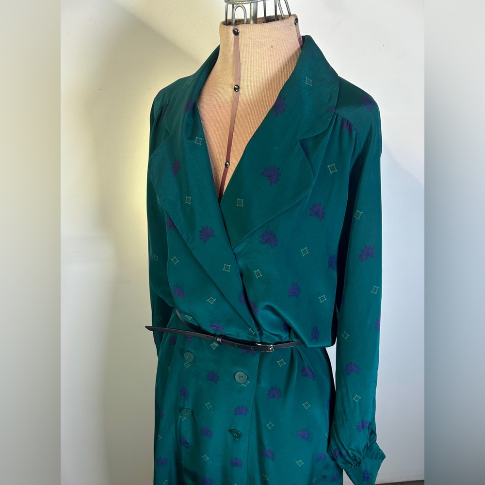 Vintage 80s/90s Liz Claiborne 100% Silk Dark Green Print Midi/Maxi Dress Size 8 - Picture 5 of 16